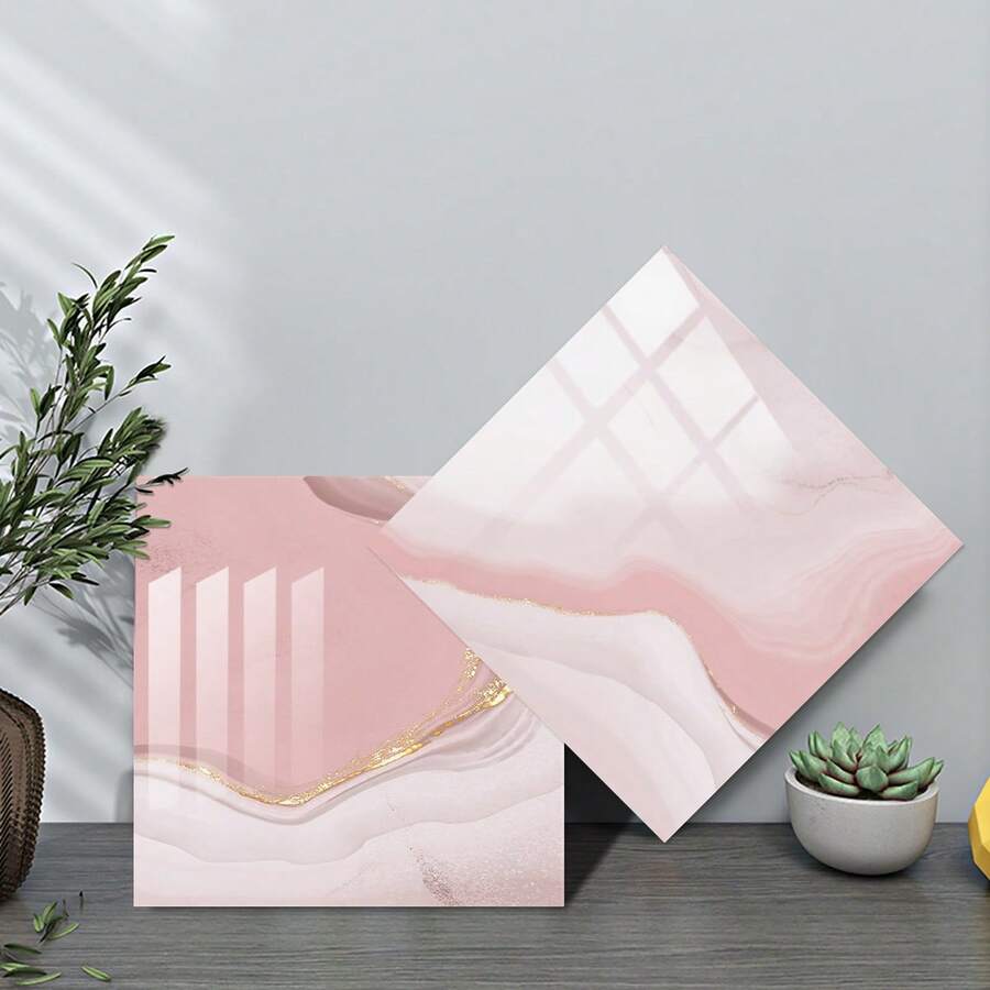 10pcs Marble Pattern Self-Adhesive Wall Stickers, Modern Luxury Waterproof Oil-Proof Stickers, Romantic Light Pink Easy To Clean Removable Wallpaper, Suitable For Kitchen And Bathroom Home Decor, Rental Home Wall Decoration