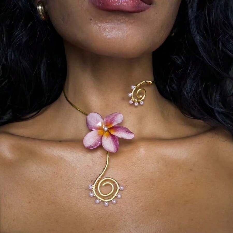 Women's Adjustable Handmade Wrap Necklace, Faux Plumeria Pearl Choker, Bohemian Pink Floral Necklace, Suitable For Party, Vacation, Wedding And Daily Wear - Pink - View 1