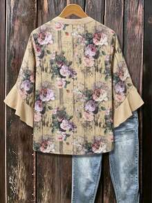 Blusa de mujer talla grande con cuello de muesca, volantes y estampado floral, mangas 3/4 en capas, para vacaciones - Caqui - Ver 2