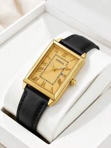 1PC Men's Classic Vintage Gold Rectangular Quartz Wrist Watch, Roman Numeral Dial With Date Display, Black PU Leather Strap Fashion Casual Men's Watch, Birthday Father's Day Christmas Gift - Black Gold - View 4