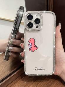 1 Fashionable Four Sided Shiny Diamond Transparent Phone Case With Small Dinosaur Pattern Customizable Name Electroplated Silver Luxurious Shiny Diamond Transparent Phone Case Compatible With IPhone 16e/17 Pro Max/15 Pro Max/14 Plus/13 Pro And Other Models Suitable As A Gift For Friends - Silver - View 3