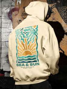 Men's Hoodie Autumn/Winter Wave Sunrise Palm Tree Colorblock Geometric Illustration Print Thermal Lined Hooded Sweatshirt - Apricot - View 3