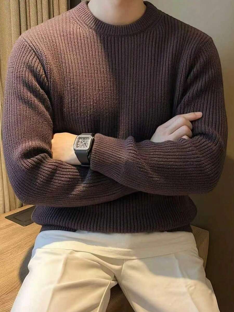 1pc Boys Teen Fashion College Minimalist Casual Retro Solid Color Crew Neck Pullover Sweater Spring Autumn Winter Back To School - Coffee Brown - View 1