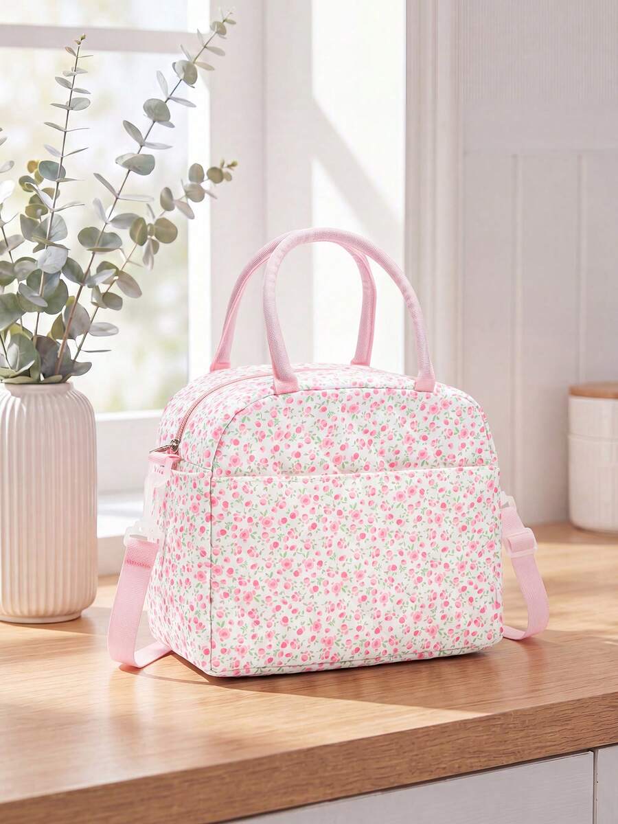 Floral Quilted Insulated Lunch Bag - Leak-Proof Reusable Thermal Cooler Tote, Large Capacity, Cute Coquette Style For Work, School, Picnic & Travel - 粉紅玫瑰 - 查看 1