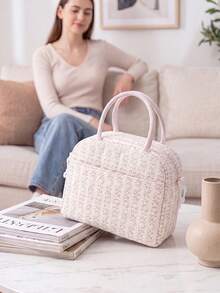 Floral Quilted Insulated Lunch Bag - Leak-Proof Reusable Thermal Cooler Tote, Large Capacity, Cute Coquette Style For Work, School, Picnic & Travel - 垂直粉花 - 查看 4