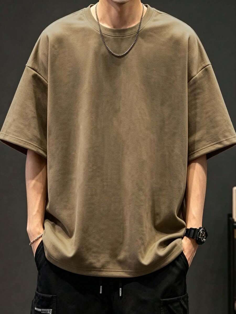 Men's Casual Simple Solid Color Drop Shoulder Loose T-Shirt - Brown - View 1