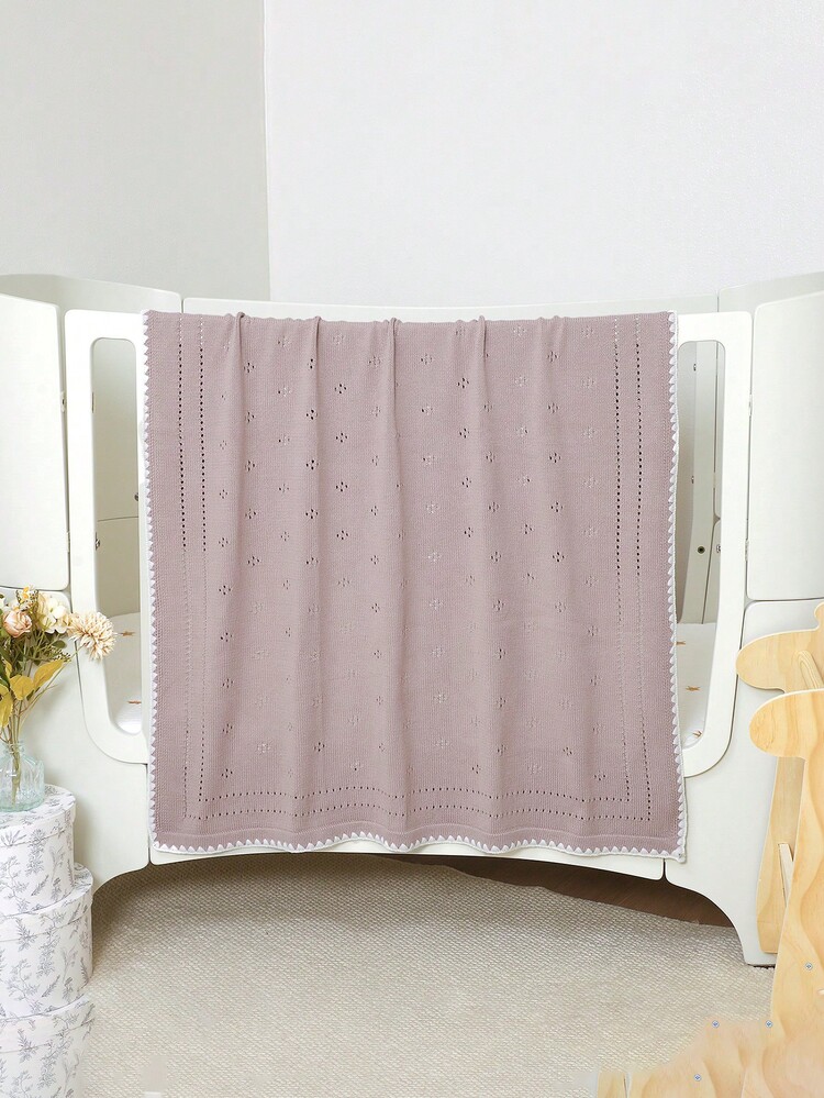1pc Baby Knitted Blanket, Perforated Design, Scalloped Edge, All-Season Children Blanket, Baby Stroller Blanket, Essential Newborn Supplies - Pinkish Purple - View 2