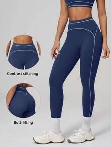 TimeOff Pantalones deportivos largos cortos de cintura alta con control de abdomen y decoración de línea blanca en bloques de color para mujer, 1 pieza - Azul Marino - Ver 1