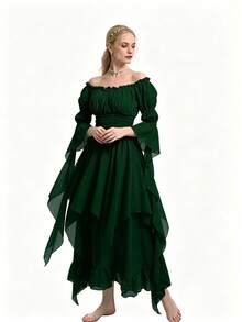 Medieval Style Women's Solid Color Off Shoulder Flared Sleeve Waist Maxi Elegant Dress Spring - Dark Green - View 6