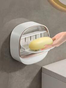 1/2pcs Modern Minimalist Premium Thickened Plastic Wall-Mounted Soap Holder, Gold Frame Flip Lid Design, Waterproof Drainage Soap Dish, Bathroom Storage Accessory For Shower, Kitchen, Vanity, Indoor Home Decor - Soap Box - View 5
