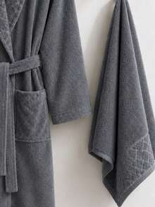 Diamond Pattern Jacquard Shawl Collar Bathrobe - S/M - L/XL - Made In Turkey - Dark Grey - View 3
