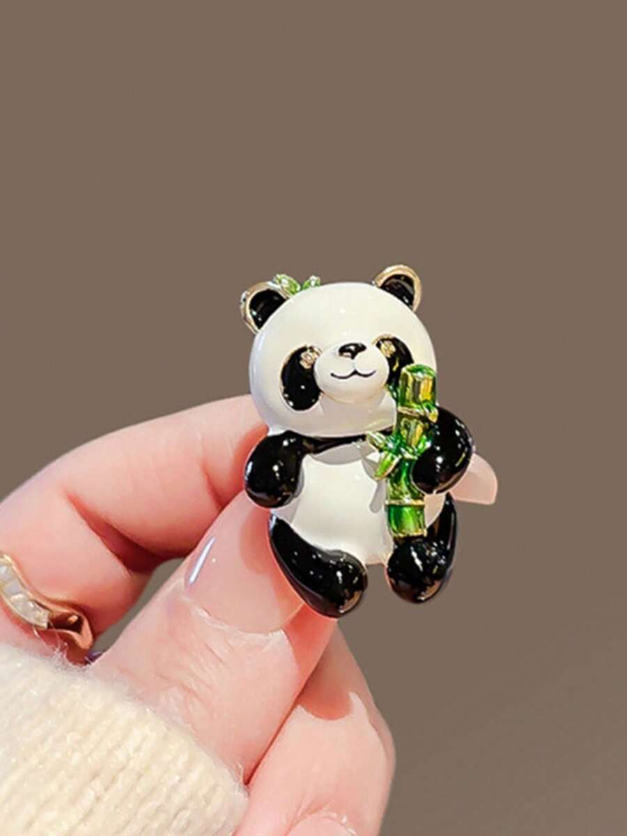 1pc Panda Holding Bamboo Brooch, High-End Elegant Creative Animal Pin, Versatile Clothing Accessory - Black and White - View 1