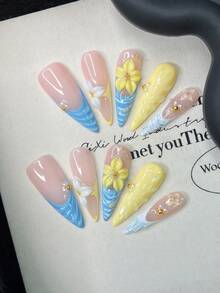 10 Peças/Conjunto Unhas Y2K Feitas à Mão, Unhas Rosas, Unhas Azuis, Unhas Francesas Azuis, Unhas com Flores Amarelas 3D, Perfeitas para Festas & Uso Diário. Unhas Stiletto. Unhas Stiletto Feitas à Mão para Colar, Unhas Postiças, Unhas Acrílicas, Unhas Longas, Unhas Fofas, Unhas de Verão - Multicolorido - Visão 12