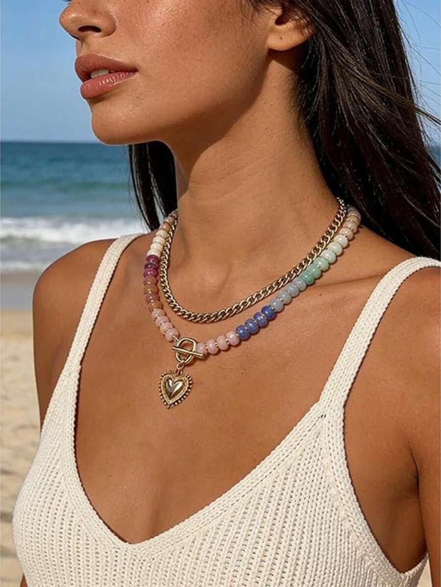 1pc Multi-Layer Dopamine Bead Necklace, Colorful Alloy Heart Pendant Choker Necklace For Women - Multicolor - View 1