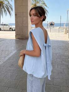 HoloChill Women's Young Influencer Casual Style Solid Color Pleated Sleeveless Top 2026 New Summer Casual Round Neck Loose Tank Top, Women's Spring Clothing, Women's Holiday Party Top, Women's Beach Outfit, Women's Going Out Top, Women's Elegant Top, Summer Vacation Outfit, Fall Top, Back To School - Baby Blue - View 5