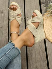 Women's Boho Linen Espadrille Platform Wedge Sandals, Crisscross Open Toe Comfortable Summer Beach Shoes - Beige - View 3