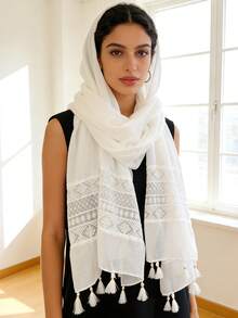 1pc Women's Solid Color Lace Tassel Long Versatile Scarf, High Quality Shawl - White - View 13