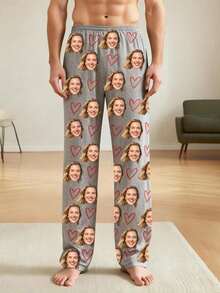 Unisex Personalized Photo Pajama Pants, Custom Pet And Couple Face Pattern, Ideal Gift For Husband/Wife On Wedding, Anniversary, Christmas - Grey - View 2