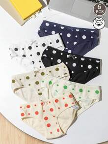 6pcs Women's Low-Waist Panties, Cotton Soft Fabric, Colorblock Polka Dot Design, Fashionable Sporty Casual College Style Underwear Set - Multicolor - View 1
