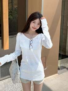 Kaos Lengan Panjang Bergaris Leher V Warna Biru Malas untuk Perlindungan Matahari Wanita, Atasan Penutup Tipis Longgar Musim Semi dan Musim Panas - Biru - View 3