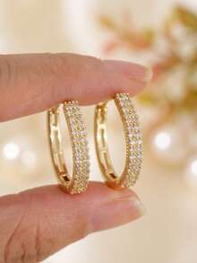 CHICAT 1 Pair Vintage Elegant Hollow Rectangular Earrings, Double Row Micro-Inlaid CZ Long Oval Snap-Back Shiny Geometric Crystal Statement Earrings For Women, Suitable For Wedding, Daily Wear And Party - Gold - View 3