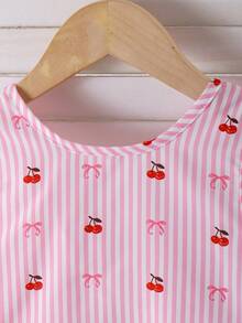 2pcs/Set Setelan Anak Perempuan Manis dan Imut dengan Atasan Camisole Berhiaskan Pita dan Renda, Celana Bergaris Pink Putih, Musim Panas - MultiWarna - View 5