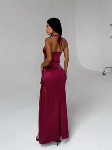 Summer, Burgundy Lace Patchwork Satin Dress, Elegant, Date, Holiday, Party, Formal Dinner, Wedding, Birthday - Burgundy - View 2