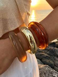 3/1pc Set Vintage Elegant Casual Style Wide Plain Metal CCB & Acrylic Contrast Color Bracelet, Women's Spring/Summer Beach Vacation Daily Party Gift Accessory - Multicolor - View 6