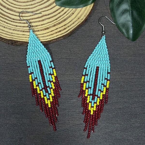 AHAYA Beaded Glass Bead Creative Fashion Handmade Geometric Tassel Earrings Bohemian Seed Bead Vintage Earrings Lightweight Luxury Accessories Women's Jewelry Suitable For Daily Wear Holiday Gift