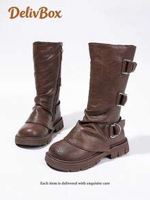 Autumn/Winter Girls' Mid-Calf Leather Boots, Brown Ruched Stacked Boots With Metal Buckle Side Zipper, Thick Sole Anti-Slip Western Style Children's Long Boots - Brown - View 3