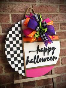 Halloween Front Door Hangings, Halloween Checkered Wreaths, "Happy Halloween" Wreaths, Front Door Decorations, 3D Wreaths, Vintage Home Decor, Outdoor Porch Wooden Signs, Gifts - Multicolor - View 12