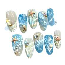 夏季清新海鹽藍海洋波浪美甲飾品，3D迷你海星貝殼水鑽杏仁形美甲貼片，裸色漸層冰透手工美甲裝飾，適合海灘度假、日常出遊、派對約會、宿舍穿搭、節慶精緻禮物、旅行必備 - 查看 5