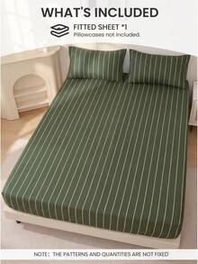 1pc Green Striped Fitted Sheet, Bedding, Mattress Protector, Home Textiles, Soft, Wrinkle-Resistant, Breathable And Comfortable, Suitable For All Bed Sizes, Dorm Bedding, Home Decor, Pillow And Pillowcase Not Included, Machine Washable, Back To School - Multicolor - View 2