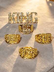 9pcs/Set Hip Hop Punk Gold Necklace Exaggerated Big Gold Chain Wealth Fortune Gold Ring Set, Retro Punk Style, Suitable For Party, Gathering, Halloween, COS - 9 Gold Pieces - View 9