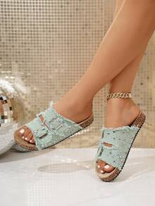 Sparkly Rhinestone Fringed Denim Cork Slide Sandals, Double Buckle Open Toe Summer Beach Thick Sole Sandals Solid Color Beach Buckle Vacation - Green - View 6