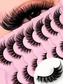 7 Pairs D Curl Russian Faux Mink Strip Lashes, Thick Curly Fluffy Wispy Cat-Eye False Eyelashes, Eye Lifting Full Volume Lashes To Lengthen Outer Eye Corners, Cosy Lightweight Lashes For Starters, Perfect For Everyday, Holiday And Party Make-Up - Pink - View 2