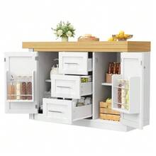 Multifunctional Kitchen Island With Extendable Tabletop, Convertible Countertop, 360° Adjustable Shelves, Snack Shelf, Magnetic Closure And Large Drawer. Modern Design, White. - White - View 8