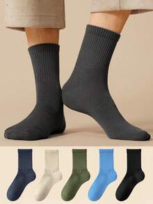 5 Pairs Men's Mid-Calf Socks, Spring/Autumn, Sweat-Absorbent, Breathable, Sports, Black Long Socks, Minimalist Design, Elastic Waist, Non-Slip, Comfortable - Multicolor - View 6