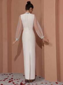 Gaun Bandage Lengan Panjang Organza Elegan Buatan Tangan dengan Hiasan Berlian Imitasi Berkilau, Cocok untuk Kencan dan Pesta. - Putih - View 8