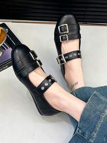 1 Pair Buckle Flat Square Toe Low-Top Shoes - Black - View 5