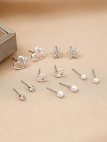 Women Tiny Heart Pineapple Letter Rhinestone Inlaid Pearl Mini Flat Stud Decorative Jewelry Earrings For Daily Styling - 5 - View 3