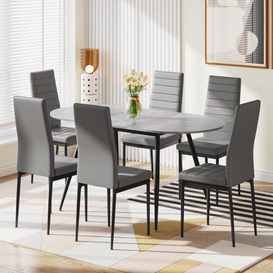 Dining Table And Chairs Set 6, Extendable Table With 4 Faux Leather Chairs For Dining Room, Kitchen,4-6 Seater Room Set