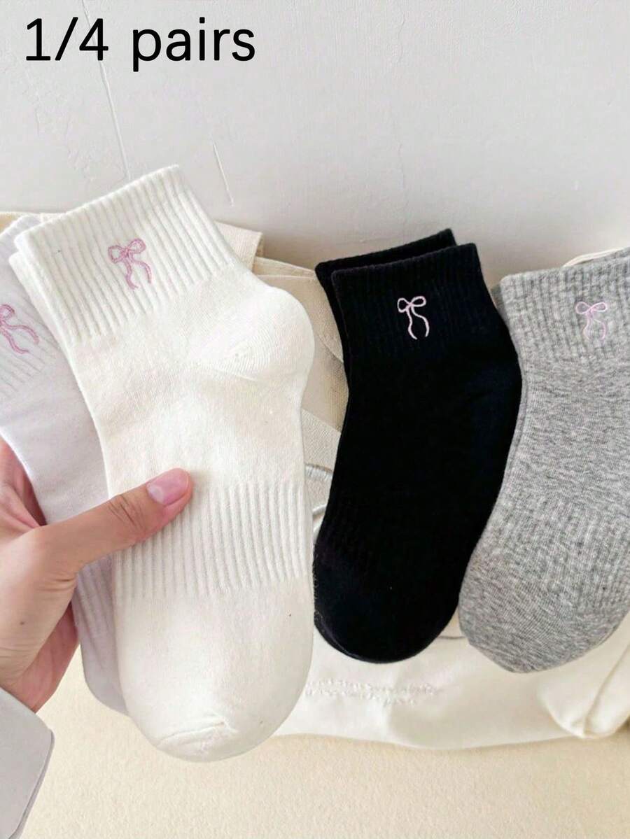 1/4雙女款純色時尚可愛蝴蝶結中筒襪,適合日常休閒甜美風格,居家與戶外運動 - 彩色 - 查看 1