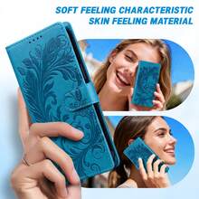 GLANDOTU Blue Vintage Scroll Pattern Vine Embossed PU Leather Wallet Flip Phone Case, Multi-Card Slots With Stand, Compatible With Multiple Phone Models - Blue - View 3