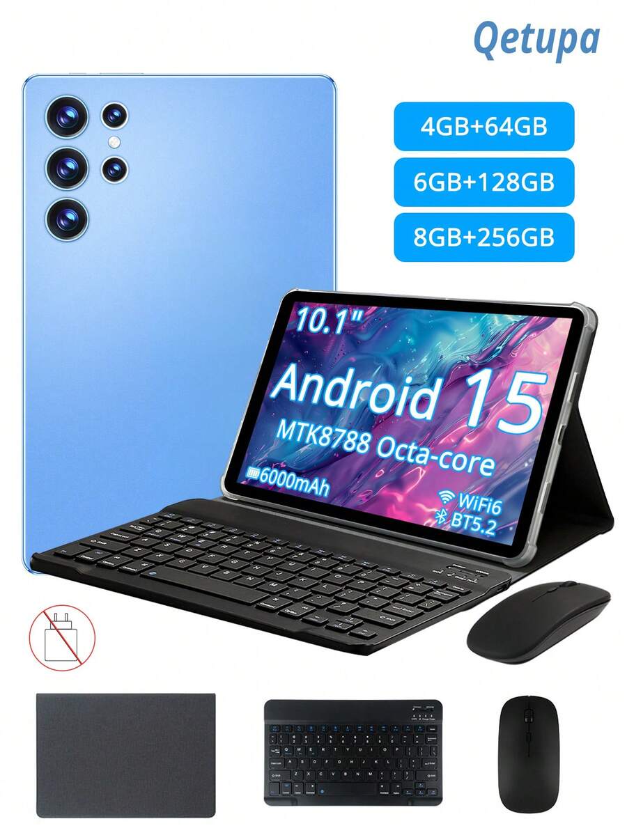 Qetupa 10.1 Inch Android 15 Tablet, Equipped With Protective Case, Keyboard And Mouse, 4GB RAM+64GB Storage/6GB RAM+128GB Storage/8GB RAM+256GB Storage (Supports 1TB Expansion), 5MP Front Camera And 13MP Rear Camera, 6000mAh Battery (Charger Not Included)