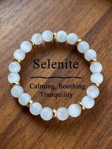 Elegant Selenite Beaded Bracelet - Clarity, Harmony, Calming, Healing Crystal Boho Style Yoga Meditation Jewelry For Women Men, Birthdays, Holidays - White - View 1