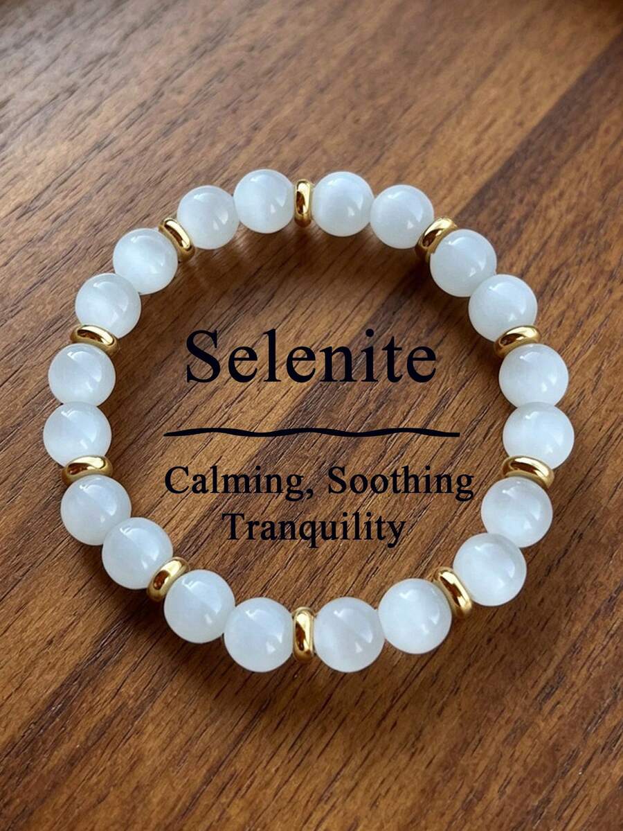 Elegant Selenite Beaded Bracelet - Clarity, Harmony, Calming, Healing Crystal Boho Style Yoga Meditation Jewelry For Women Men, Birthdays, Holidays - White - View 1