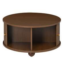 Coffee Table, Round Coffee Table, Living Room Table, Surrounding Vertical Relief Structure, Two Sliding Doors, MDF Body, Metal Handles, Spherical Metal Legs, Four Separate Storage Compartments. - Walnut Wood Color - View 7