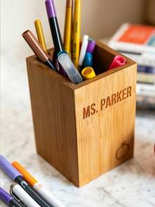 Custom Art Supplies Storage Box, Handmade Wooden Pen Holder, Desktop Pen Holder, Artist Gift, Housewarming Gift, Makeup Artist Gift, Graduation Gift, Teacher Gift - Wood Color - View 5