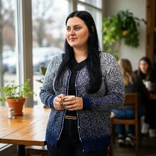 Casaquinho blusa de frio inverno tricot feminino cardigan estampa chuvinha - Azul Marinho e Branco - Visão 1